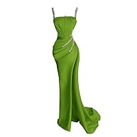 Spaghetti Straps Satin Prom Dresses Long Mermaid Prom Dresses for Women 2024 Beaded Tight Fitted Evening Gowns