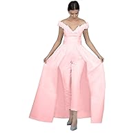 VeraQueen Women's Off Shoulder Jumpsuits Evening Dresses with Detachable Skirt Sleevesless Satin Prom Gowns Pants
