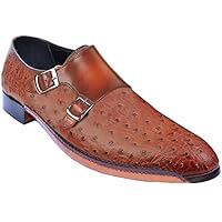Handmade Men's Double Monk Strap Shoes Brown Ostrich Leather