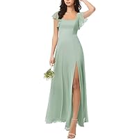 Bridesmaid Dresses Short Sleeve Chiffon Wedding Guest Dress Long Slit Formal Party Dress