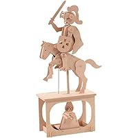 Red Knight Wood Gear Toy w/Hand Crank, Printed Wood Pieces & Instructions - Sustainable Automata Wood Toys