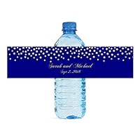 Gold Confetti Falling on Navy Blue Background Wedding Anniversary Bridal Shower Water Bottle Labels