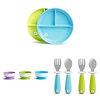 Munchkin Stay Put Divided Suction Plates, Blue/Green & Stay Put Suction Bowls & Raise™ Toddler Fork and Spoon Utensil Set