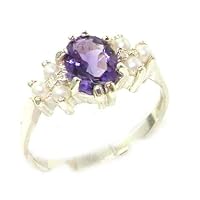 925 Sterling Silver Real Genuine Amethyst and Cultured Pearl Womens Band Ring