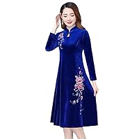 Cheongsam Dress Elegant Floral Embroidered A-line Warm Stylish for Prom or Parties Stand Collar