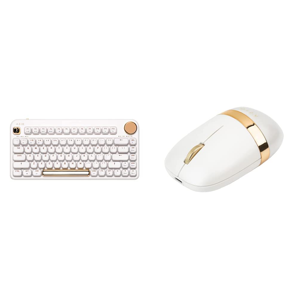 Azio IZO Wireless BT5/USB PC & Mac Mechanical Keyboard, White Blossom & IZO Wireless Bluetooth Mouse with Round Ergonomic Form, Optical Sensor, Adjustable DPI, Rechargeable, PC & Mac - White Blossom