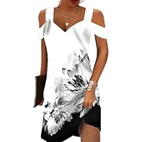 Summer Dresses for Women 2024 Cold Shoulder V Neck Vintage Print A-Line Dress Beach Vacation Boho Mini Sundress