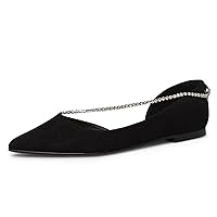 XYD Women Pointed Toe Slip On Flats Shoes with Single Rhinestones Chain Low Heel Loafer Casual Dressy Office Work Daily Life Walking Shoes