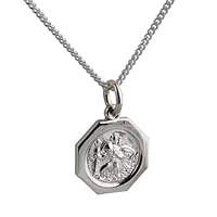 British Jewellery Workshops Silver 15x15mm octagonal St Christopher Pendant with a 1.3mm wide curb Chain