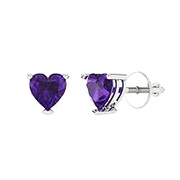 1.0 ct Brilliant Heart Cut Solitaire Natural Purple Amethyst Pair of Stud Everyday Earrings Solid 18K White Gold Screw Back