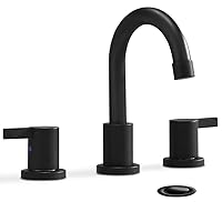 Phiestina 8 Inch 3-Hole Low-Arch 2-Handle Widespread Bathroom Faucet with Valve and Metal Pop-Up Drain Assembly,Matte Black, WF15-1-MB