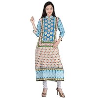 Ananya Women’s Cotton Straight Blue Kurti with Indian Flag Embroidery Small, Blue, S