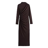 Women' Elegant Long Dress Two-Colors Gentle Solid Stand-Up Collar Sleeves Slim Pleated Back Slit Dresses