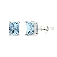 2.0 ct Emerald Cut Solitaire Blue Simulated Diamond Pair of Stud Everyday Earrings Solid 18K White Gold Butterfly Push Back