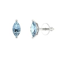 1.0 ct Marquise Cut Solitaire Genuine Swiss Blue Topaz Pair of Designer Stud Earrings Solid 14k White Gold Push Back