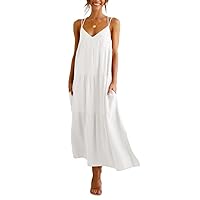 Febriajuce Women’s Summer Maxi Dress Casaul Spaghetti Straps Solid V-Neck Backless Cami Dresses with Two Pockets
