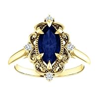 Vintage Halo 1.5 CT Marquise Blue Sapphire Engagement Ring 14k Yellow Gold, Victorian Marquise Blue Sapphire Ring, Antique Natural Sapphire Rings
