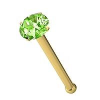 Peridot Genuine Crystal Stone 14ct Solid Yellow Gold 22 Gauge - 6MM Length Nose Bone Nose Stud