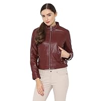 Genuine Bordeaux Racer Women Leather Jacket With Contrast Mandarin Collar Front Zipper Long Sleeves Party Wear