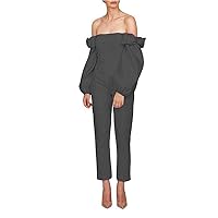 Women's Off Shoulder Jumpsuits Evening Dresses with Detachable Skirt Long Sleeves Satin Prom Gowns Pants Dark Grey