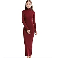 Women Party Dress Knit Long Sleeve Turtleneck Winter Maxi Dress Slim Work Office Dress Red Wine L