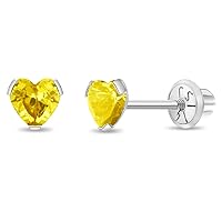 14k White Gold 4mm Tiny Heart Simulated Birthstone Screw Back Earrings for Babies, Infants & Toddlers - Pretty Heart Studs with Safety Screw Backs for Children - Cute Kids Heart Earring Studs
