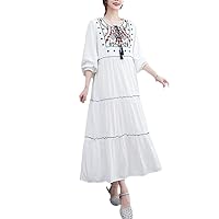 Embroidered O Neck Long Dresses for Women Ethnic Lace Up Puff Sleeve Maxi Dress Female Casual Beach Vestido