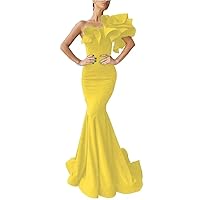One Shoulder Satin Prom Dress Ruffled Mermaid Satin Evening Gowns with Ruffles Long Party Dress with Train