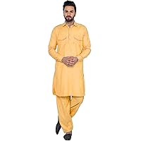 Indian Men's cotton Kurta pajama set Wedding Wear Casual Tunic Gold Color Shirt Pant Plus Size