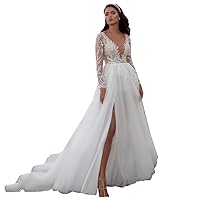 Long Sleeve Lace Wedding Dresses A-Line Double V-Neck Tulle Zipper Back Bridal Gown for Women