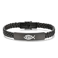 Dainty Christian Jesus Fish Ichthys Faith Leather Bracelet, Catholic Christ Lord's Guidance Meditation Bangle for Prayer Baptism Communion Church Birthday, 8.26''