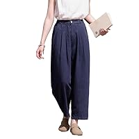 Women's Linen Cropped Pants Tapered Ankle Capris Trousers Elastic Waist