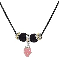 Silvertone Large 3-D Enamel Strawberry with Crystals - Two-tone Cross Black Beaded Necklace, 18