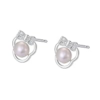 Cute Mouse Pearl 925 Sterling Silver Tiny Stud Earrings Crystal Cubic Zirconia Bow Knot Mice Animal Cartilage Small Studs Earring Dainty Birthday Christmas Jewelry Gifts for Women Girls Daughter