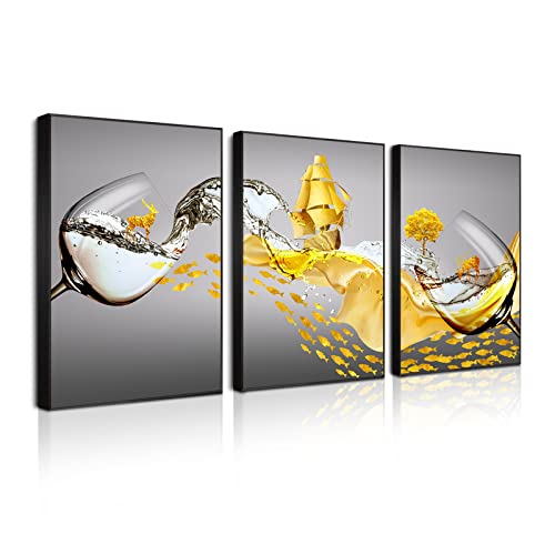 Dining Room Decor Wall Art for Kitchen Novelty Wine Glass Artwork Canvas Wall Decor Aluminum Alloy Framed Living Room Picture Decoration 3 Piece Sets