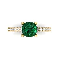 1.61ct Brilliant Round Cut Solitaire Simulated Green Emerald designer Modern Statement with accent Ring Solid 14k Yellow Gold