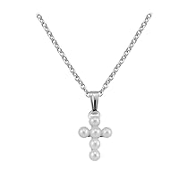 Kids Jewelry - Sterling Silver Cultured Pearl Cross Necklace For Girls (15 in)