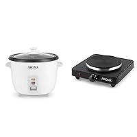 Aroma 6-cup (cooked) 1.5 Qt. One Touch Rice Cooker, White (ARC-363NG), 6 cup cooked/ 3 cup uncook/ 1.5 Qt. & AHP-303 Single Burner Hot Plate, Metal, Black