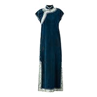 Women's Dress Mulberry Silk Floral Embroidery Blue Cheongsam 159