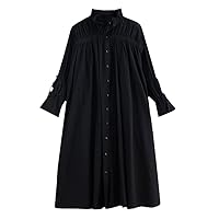 Black Cotton Vintage Pleated Dresses for Women Long Sleeve Loose Casual Midi Shirt Dress Clothes Spring Autumn