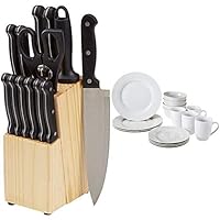 Amazon Basics 16-Piece Porcelain Dinnerware Set + 14-Piece Kitchen Knife Set with Block