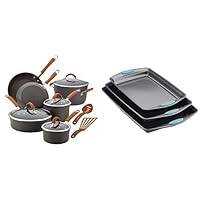 Rachael Ray Cucina Hard-Anodized Aluminum Nonstick Pots and Pans Cookware Set, 12-Piece, Gray, Agave with Rachael Ray Nonstick Bakeware Cookie Pan Set, 3-Piece, Gray with Agave Blue Silicone Grips