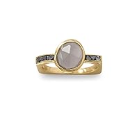 14k Gold Plated 925 Sterling Silver Grey Celestial Moonstone and Diamond Chips Ring One Notched Corner 8mm X 9mm F Jewelry for Women - Ring Size Options: 5 6 7 8 9
