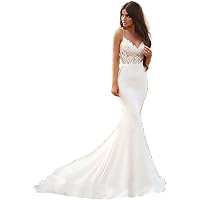 Lace Applique Wedding Dresses for Bride Spaghetti Straps Mermaid V Neck Open Back Bodycon Long Bridal Gown