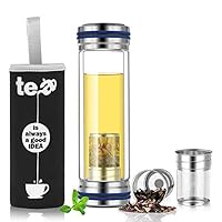 14oz Glass Tea Infuser Bottle Tumbler Strainer for Loose Leaf, Herbal, Green or Ice Tea Cold Brew Coffee Mug or Fruit Infusion Hot or Cold Water Travel Bottle Free Travel Sleeve Blue