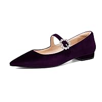 XYD Women's Velvet Pointed Toe Low Heel Flats with Rhinestone Buckle Strap Mary Jane Daily Dating Wedding Shoes