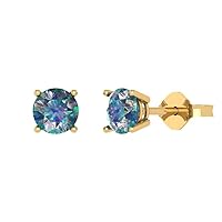 0.9ct Round Cut Solitaire Blue Moissanite Unisex Pair of Stud Earrings 14k Yellow Gold Push Back conflict free Jewelry