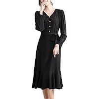 Women Long Sleeve Dresses V Neck Ruffles Sweep Waist Belt 16MM 100% Real Mulberry Silk Dress