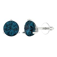 Clara Pucci 4.0 ct Round Cut Solitaire Natural London Blue Topaz Designer 3 prong Stud Martini Earrings Solid 14k White Gold Screw Back