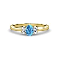 Center Blue Topaz Oval Cut 7x5 mm & Side Lab Grown Diamond 1.40 ctw Trellis Three Stone Engagement Ring 14K Gold